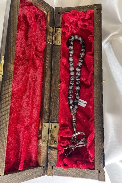 Tespih Obsidyen Doğal Taş Tesbih Gümüş İmameli Aura Taşı Ahşap Kutulu - 6