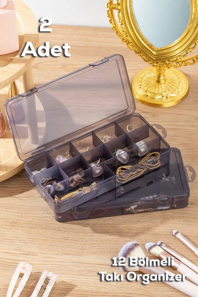 Porsima Org600 Çok Amaçlı Bölmeli Şeffaf Kutu 2li Organizer Kapaklı Boncuk Takı Kutusu Takı Düzenleyici Antrasit ürün görseli 1
