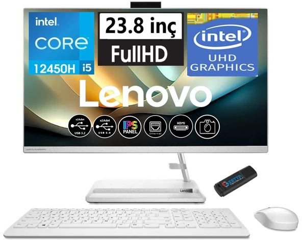 Lenovo Ideacentre 3 Intel Core I5 12450H 8gb 1tb SSD WIN11H 23.8 IPS All In One Bilgisayar AIOF0GH01GBTR23+ZETTAUSBBELLEK
