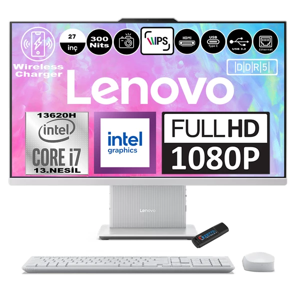 Lenovo Ideacentre Aıo 27IRH9 Intel Core I7-13620H Ddr5 64GB 1tb SSD Intel UHD Graphics 27 Inc Fhd IPS Windows 11 Pro  Bulut Grisi All In One Bilgisayar F0HM0048TRP15 + Zetta Flash Bellek