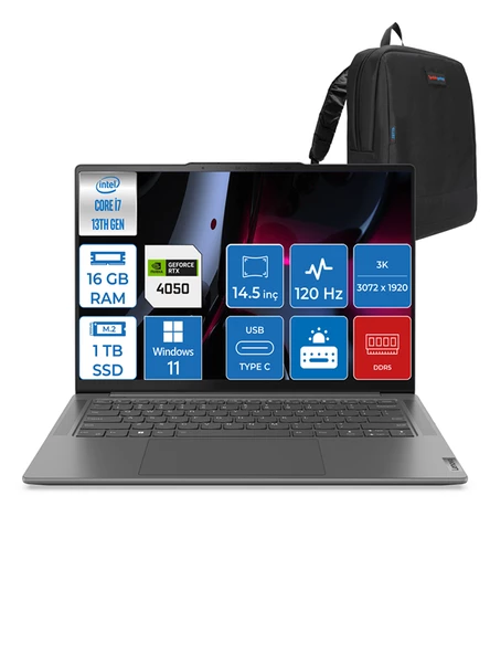 Lenovo Yoga Pro 7 14IRH8  Intel Core I7-13700H 16GB Lpddr5 1tb SSD 6gb RTX4050 14.5" IPS 3k Dolby Vision® Windows 11 Home Taşınabilir Bilgisayar 882Y7004LTXWH02 ürün görseli