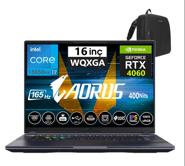 Gigabyte Gigabyte aorus 16X Intel Core  I7-13650HX 32GB Ddr5 512GB SSD 8gb Rtx 4060 16″ Wqxga 3ms 165Hz WIN11HOME Gaming (Oyuncu) Notebook 9KG-43TRC54SH07+ZETTAÇANTA
