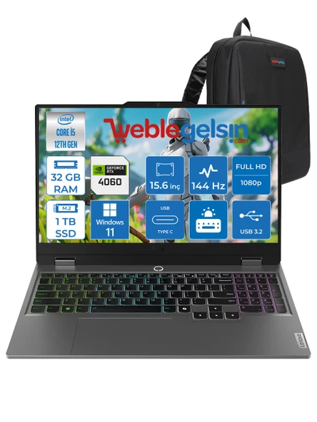 Lenovo loq 15IAX9 Intel I5 12450HX 32GB Ddr5 1tb SSD RTX4060 8gb (105W) 15.6″ Fhd Windows 11 Home 15.6" IPS Fhd 144HZ Taşınabilir Bilgisayar 883GS007XTRWH08 + Zettaçanta