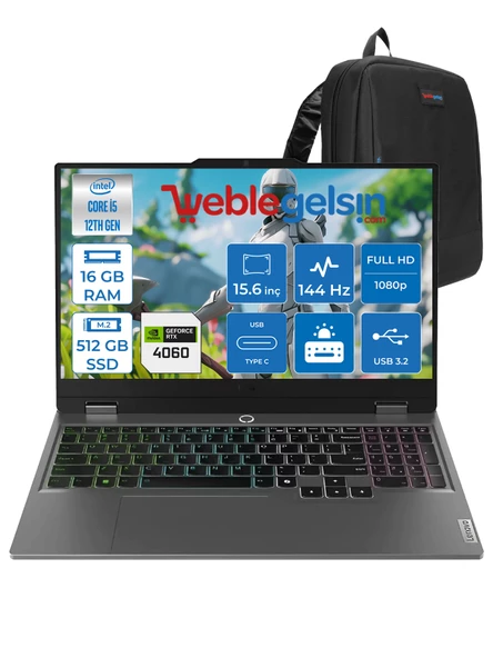 Lenovo loq 15IAX9 Intel I5 12450HX 16GB Ddr5 512GB SSD RTX4060 8gb (105W) 15.6″ Fhd Freedos 15.6" IPS Fhd 144HZ Taşınabilir Bilgisayar 883GS007XTRF03 + Zettaçanta