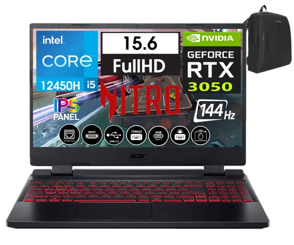 Acer Nitro 5 AN515-58 Intel Core I5 12450H 64GB 2tb SSD 4GB/RTX3050 Freedos 15.6" 144 Hz Fhd IPS Taşınabilir Bilgisayar NNHQFJEY00B15+WEBLEGELSINÇANTA