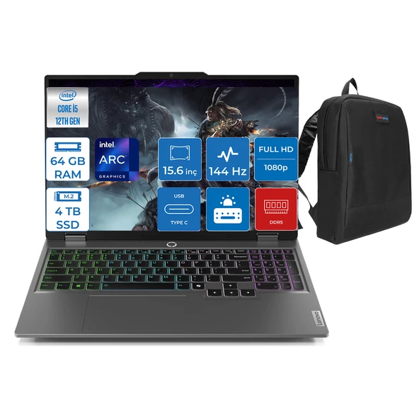 Lenovo Loq 15IAX9I Intel Core I5 12450HX 64GB Ddr5 4tb SSD Intel® Arc™ A530M 4gb Freedos 15.6" IPS Fhd Taşınabilir Bilgisayar 883FQ000UTRF11 + Zetta Çanta