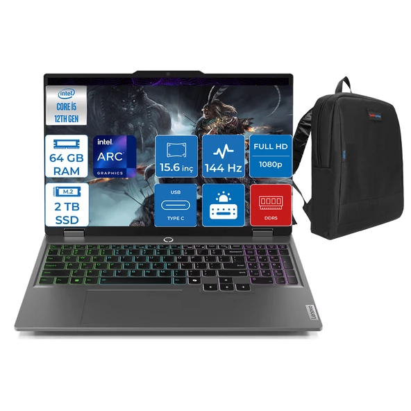 Lenovo Loq 15IAX9I Intel Core I5 12450HX 64GB Ddr5 2tb SSD Intel® Arc™ A530M 4gb Freedos 15.6" IPS Fhd Taşınabilir Bilgisayar 883FQ000UTRF10 + Zetta Çanta