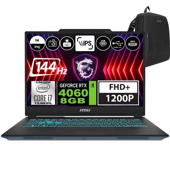 Msı Cyborg 14 Intel Core I7 13620H 32GB 4tb SSD RTX4060-8GB Freedos 14" Fhd+ 144Hz Taşınabilir Bilgisayar A13VE055XTRWF08 + Zetta Çanta