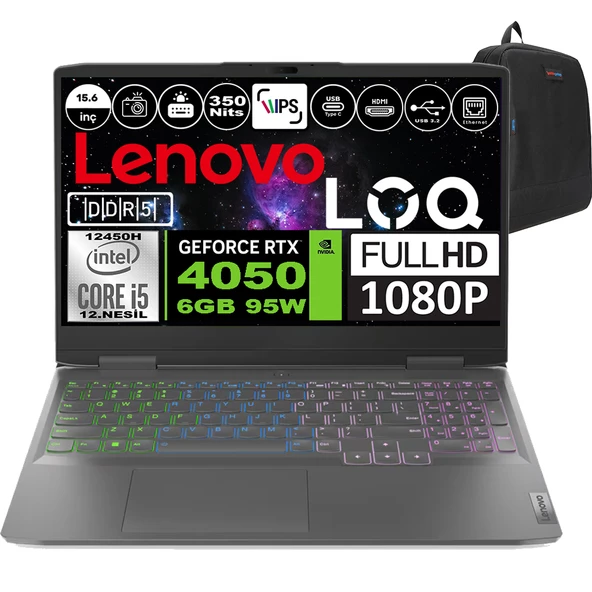 Lenovo Loq 15IRH8 Intel Core I5 12450H 64GB Ddr5 1tb SSD RTX4050 Windows 11 Pro 15.6" Fhd 144HZ Taşınabilir Bilgisayar 82XV00FYTXP10 + Zetta Çanta