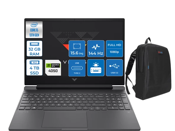 Hp Victus Gaming Intel Core I5 13420H 32GB 4tb SSD Nvidia 6gb RTX4050 (75W) Freedos 15.6" 144Hz IPS Fhd Taşınabilir Bilgisayar A0BH2EAF06 + Zetta Çanta