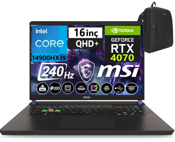 Msı Vector 16 Hx Intel I9-14900HX 48GB Ddr5 1tb SSD 8GB/RTX4070 WINDOWS11HOME 16" 240HZ Qhd+ Taşınabilir Bilgisayar A14VGG-271TRW30+WEBLEGELSINÇANTA