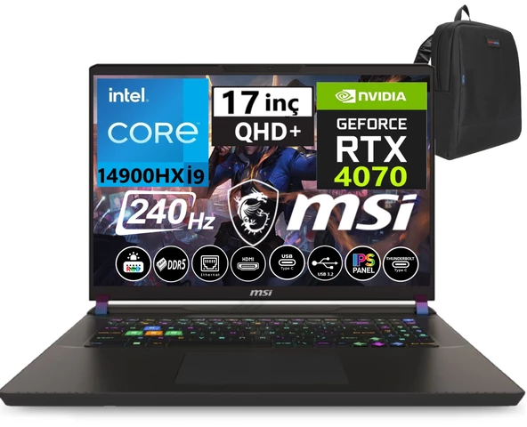 Msı Vector 17 Hx Intel I9-14900HX 64GB Ddr5 4tb SSD 8GB/RTX4070 WINDOWS11PRO 17" 240HZ Qhd+ Taşınabilir Bilgisayar A14VGG-229TRW56+WEBLEGELSINÇANTA