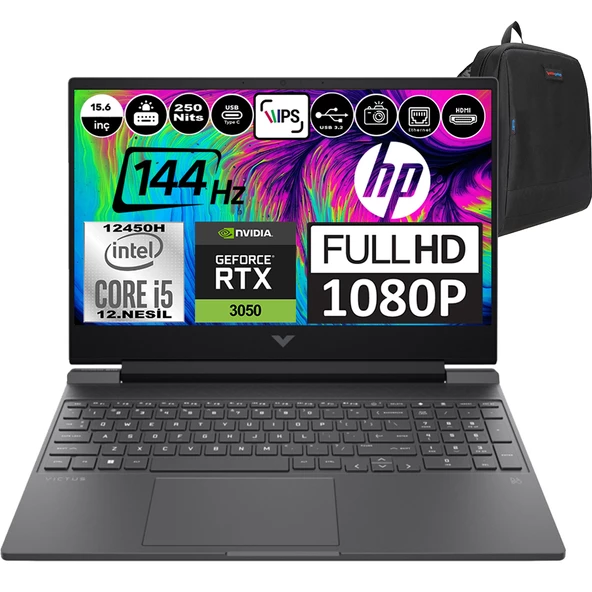 Hp Victus 15-FA0019NT Intel Core I5 12450H 64GB 2tb SSD RTX3050-4GB Windows 11 Home 15.6" Fhd 144Hz Taşınabilir Bilgisayar A0GU6EA0H11 + Zetta Çanta