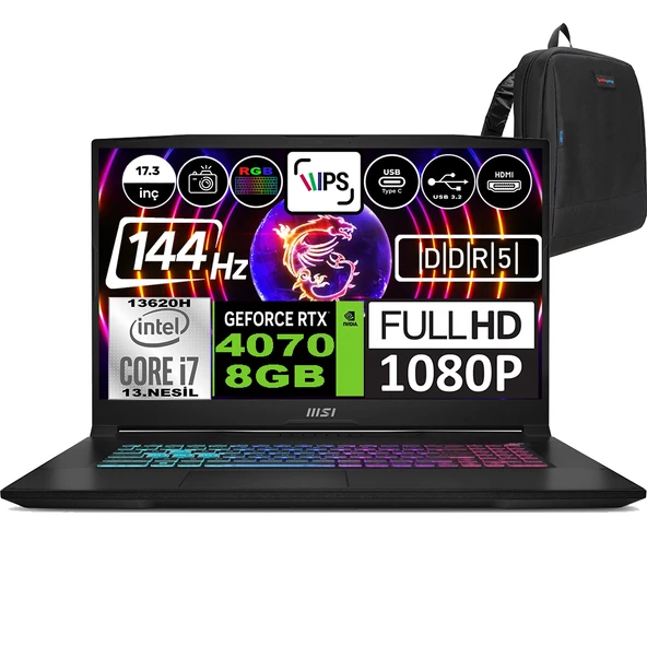 Msı Katana 17 Intel Core I7 13620H 16GB 4tb SSD RTX4070(105W) 8gb Windows 11 Pro 17.3" Fhd 144Hz Taşınabilir Bilgisayar B13VFK1030XTRWP04 + Zetta Çanta