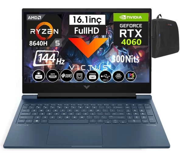 Hp Victus 16-S1029NT Amd Ryzen 5 8640H 48GB Ddr5 1tb SSD 8GB/RTX4060 WINDOWS11PRO 16" 144 Hz Fhd IPS Taşınabilir Bilgisayar A1YU0EAW50+WEBLEGELSINÇANTA