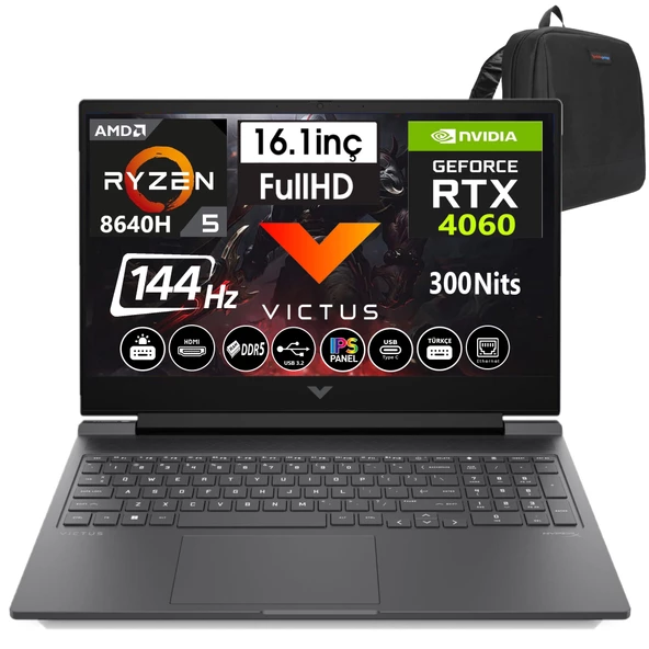 Hp Victus 16-S1028NT Amd Ryzen 5 8640H 64GB Ddr5 512GB SSD 8GB/RTX4060 Freedos 16" 144 Hz Fhd IPS Taşınabilir Bilgisayar A1YT9EAW13+WEBLEGELSINÇANTA