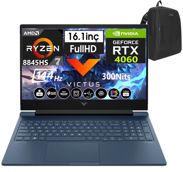 Hp Victus 16-S1011NT Amd Ryzen 7 8845HS 48GB Ddr5 512GB SSD 8GB/RTX4060 WINDOWS11PRO 16" 144 Hz Fhd IPS Taşınabilir Bilgisayar 9Z791EAW49+WEBLEGELSINÇANTA