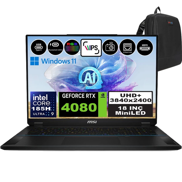 Msı Stealth 18 Aı Studıo Intel Core Ultra 9 185H 64GB 2tb SSD RTX4080 Windows 11 Pro 18" Uhd+ 120Hz Taşınabilir Bilgisayar A1VHG035TRP05 + Zetta Çanta