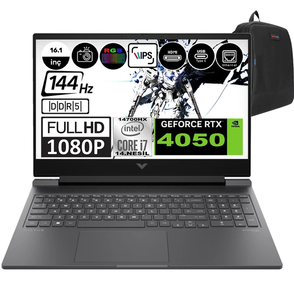 Hp Victus 16-R1050NT Intel Core I7-14700HX 32GB Ddr5 1tb SSD RTX4050-6GB 16.1 Inç 144HZ Full Hd Windows 11 Pro Gaming Laptop 9J252EAP06 + Zetta Çanta