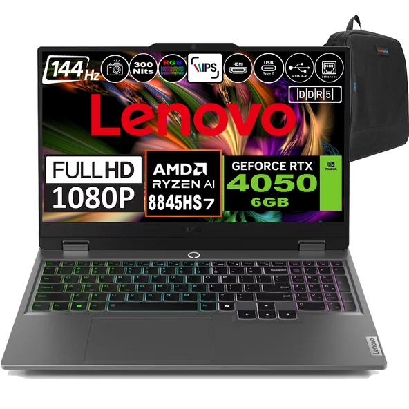 Lenovo Loq 15AHP9 Amd Ryzen 7 8845HS Ddr5 16GB 512GB SSD RTX4050-6GB 300NITS 15.6" 144Hz Fhd Freedos Taşınabilir Bilgisayar 83DX0093TRF01 + Zetta Çanta