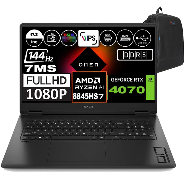 Hp Omen 17-DB0019NT Amd Ryzen 7 8845HS 32GB Ddr5 4tb SSD 8GB-RTX4070 17.3 Inç 144HZ 7ms Fhd Windows 11 Pro Taşınabilir Bilgisayar A44QQEAP03 + Zetta Çanta