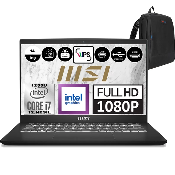 Msı Modern 14 Intel Core I7 1255U 16GB 2tb SSD Windows 11 Home 14" Intel® Iris® Xe Graphics Fhd IPS Taşınabilir Bilgisayar C12MO1039XTRH03 + Zetta Çanta