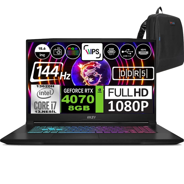 Msı Katana 15 Intel Core I7 13620H 16GB 2tb SSD RTX4070 (105W)8GB Windows 11 Home 15.6" Fhd IPS 144Hz Taşınabilir Bilgisayar B13VGK2023XTRWH03 + Zetta Çanta