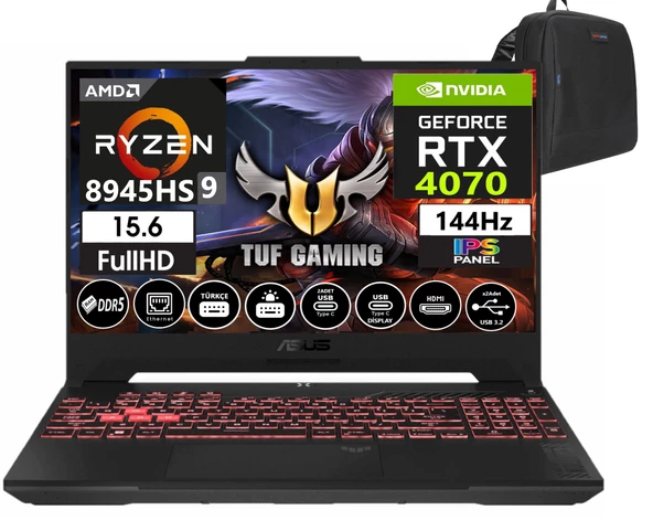 Asus Tuf Gaming A15 Ryzen 9 8945HS 96GB Ddr5 Ram  1tb SSD WINDOWS11HOME 15.6 Inç Fhd 144Hz 8gb RTX4070 140W Taşınabilir Bilgisayar FA507UI-LP12030+WEBLEGELSINÇANTA