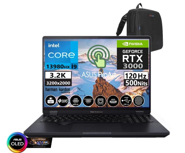 Asus Proart Studiobook Pro 16 OLED Intel I9-13980HX 96GB Ddr5 Ram  4tb SSD Freedos 16 Inç 0.2ms 3.2k Dokunamtik 8GB/RTX3000 Taşınabilir Bilgisayar W7604J3D-MY00316+WEBLEGELSINÇANTA