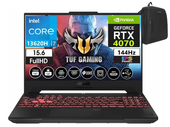 Asus Tuf Gaming F15 FX507VI-LP096 13. Nesil Intel I7-13620H 32GB Ddr5 Ram  2tb SSD WINDOWS11PRO 15.6 Inç Fhd 144Hz 8GB/RTX4070 140W Taşınabilir Bilgisayar FX507VI-LP09639+WEBLEGELSINÇANTA