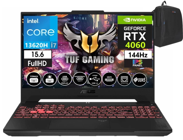 Asus Tuf Gaming F15 FX507VV-LP242 13. Nesil Intel I7-13620H 64GB Ddr5 Ram  1tb SSD WINDOWS11PRO 15.6 Inç Fhd 144Hz 8GB/RTX4060 140W Taşınabilir Bilgisayar FX507VV-LP24242+WEBLEGELSINÇANTA