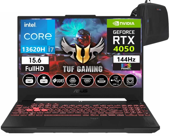 Asus Tuf Gaming F15 FX507VU-LP257 13. Nesil Intel I7-13620H 96GB Ddr5 Ram  512GB SSD Freedos 15.6 Inç Fhd 144Hz 6gb RTX4050 140W Taşınabilir Bilgisayar FX507VU-LP25713+WEBLEGELSINÇANTA