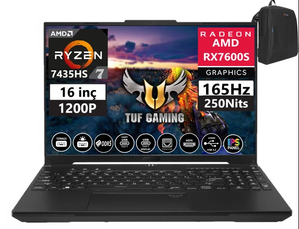 Asus Tuf Gaming A16 FA617NSR-N3056 Ryzen 7 7435HS 96GB Ddr5 Ram  2tb SSD Freedos 16inç Fhd+ 165Hz 8GB/RX7600S Taşınabilir BILGISAYARFA617NSR-N305615+WEBLEGELSINÇANTA