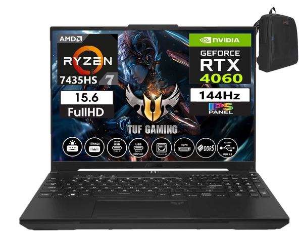 Asus Tuf Gaming A15 FA507NVR-LP0050 Ryzen 7 7435HS 16GB Ddr5 Ram  512GB SSD WINDOWS11PRO 15.6 Inç Fhd 144Hz 8GB/RTX4060 140W Taşınabilir Bilgisayar FA507NVR-LP005033+WEBLEGELSINÇANTA