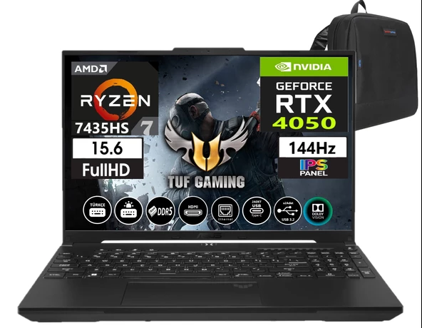 Asus Tuf Gaming A15 FA507NUR-LP035 Ryzen 7 7435HS 96GB Ddr5 Ram  512GB SSD WINDOWS11PRO 15.6 Inç Fhd 144Hz 6GB/RTX4050 140W Taşınabilir Bilgisayar FA507NUR-LP03545+WEBLEGELSINÇANTA