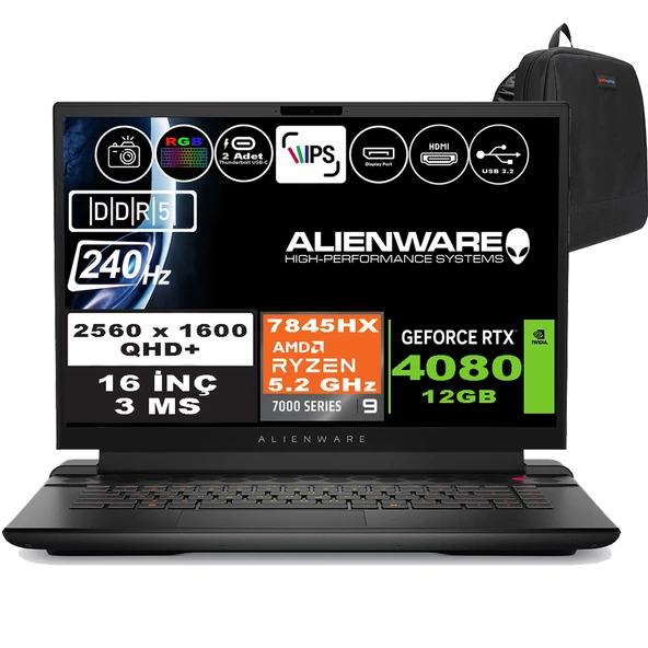 Dell Alienware M16 R1 Amd Ryzen 9 7845HX 32GB Ddr5 2tb SSD RTX4080-12GB 16 Inç 240Hz Qhd+ Windows 11 Pro Gaming Laptop AWM16AMDR9HX80WP02 + Zetta Çanta