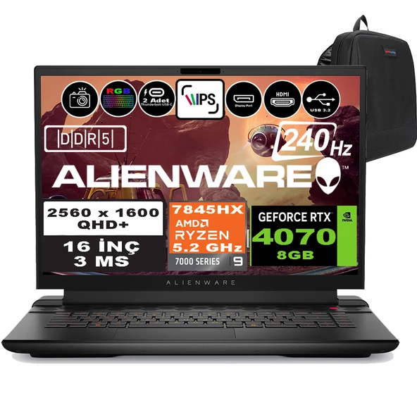 Dell Alienware M16 R1 Amd Ryzen 9 7845HX 64GB Ddr5 4tb SSD RTX4070-8GB 16 Inç 240Hz Qhd+ Windows 11 Home Gaming Laptop AWM16AMDR9HX70WH06 + Zetta Çanta