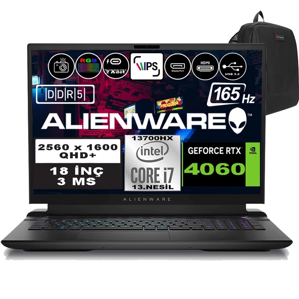 Dell Alienware M18 R1 Intel Core I7-13700HX 64GB Ddr5 512GB SSD RTX4060 8gb 18 Inç 165Hz Qhd+  3ms Windows 11 Home Gaming Laptop AWM18I7X80WH09 + Zetta Çanta