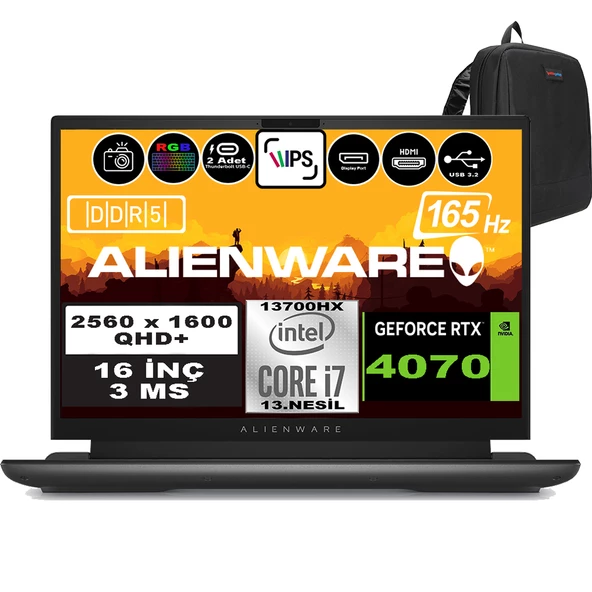 Dell Alienware M16 R1 Intel Core I7-13700HX 32GB Ddr5 4tb SSD RTX4070 8gb 16 Inç 165Hz Qhd+  3ms Windows 11 Pro Gaming Laptop AWM16I7X70WP08 + Zetta Çanta