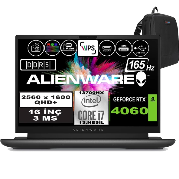 Dell Alienware M16 R1 Intel Core I7-13700HX 64GB Ddr5 2tb SSD RTX4060 8gb 16 Inç 165Hz Qhd+  3ms Windows 11 Home Gaming Laptop AWM16I7X60WH11 + Zetta Çanta