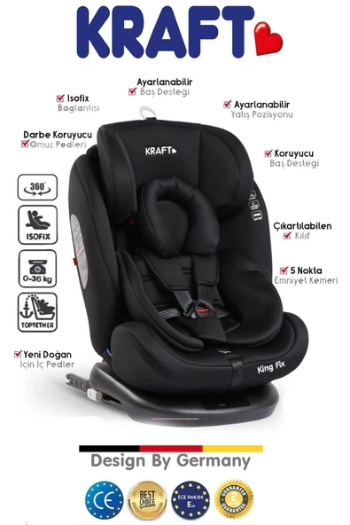 Kraft King Fix 0-36 Kg Top-tether Isofixli 360 Derece Dönebilen Oto Koltuğu Black