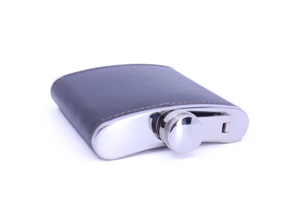 Siyah Deri Kaplama Paslanmaz Çelik Cep Matarası - Hip Flask 7 OZ - 4