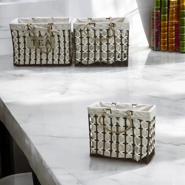 T.Concept Dekoratif Halatlı Zarif Telli Çok Amaçlı Dikdörtgen Sepet Kahverengi- Beyaz Küçük (S) - 4