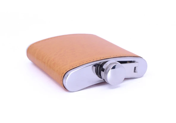 Turuncu Deri Kaplama Paslanmaz Çelik Cep Matarası - Hip Flask 7 OZ - 4