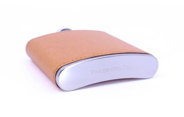 Turuncu Deri Kaplama Paslanmaz Çelik Cep Matarası - Hip Flask 7 OZ - 5