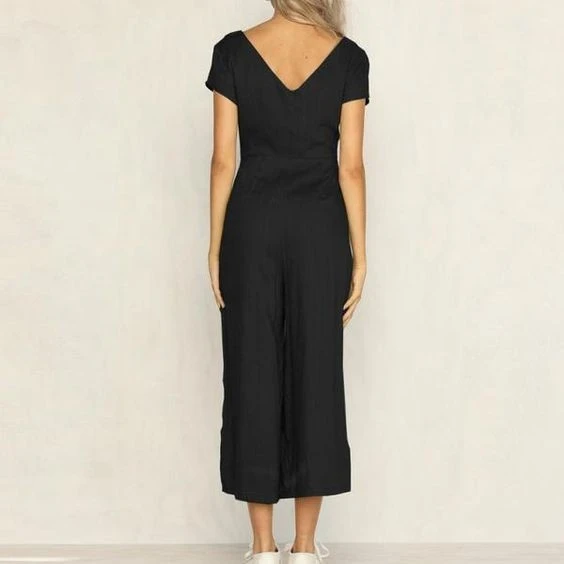 Keten Günlük Yazlık V Yaka Kısa Paça Tasarım Kadın Tulum - 2