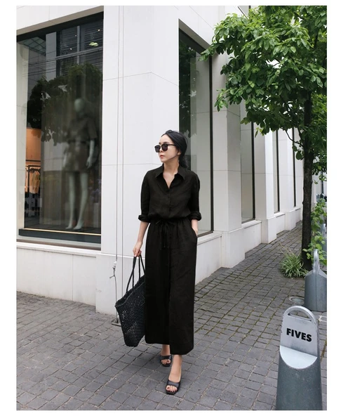 Keten Günlük Rahat Beli Bağcık Detaylı Uzun Kol Elbise ürün görseli