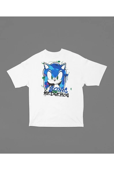 Sonic The Hedgehog Baskılı Unisex Tişört, Oversize Çizgi Film Tişört