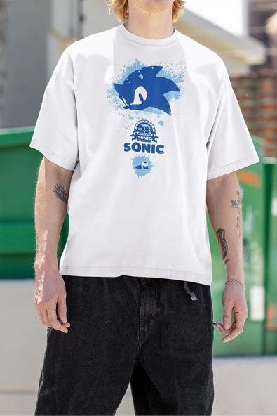 Çizgi Film Sonic Baskılı Unisex Tişört, Oversize Tişört