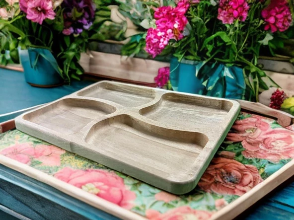Urgancıoğlu %100 Doğal Gürgen Ağacı 4 Bölmeli Kahvaltı Tabağı - 20,5 x 28,5 cm, Şık ve Fonksiyonel Sunum Aksesuarı - 4